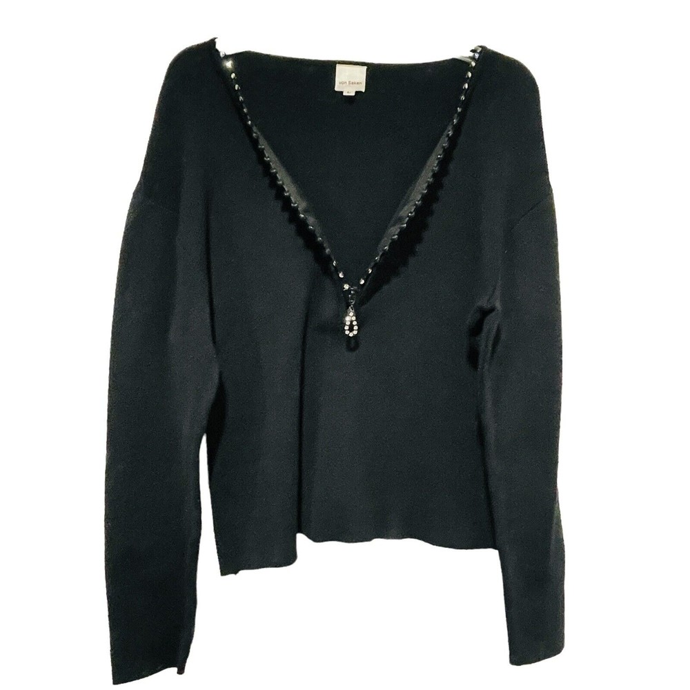 von saken black sweater top large rhinestone embellished V Neck 1/2 Zip